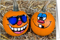 Anniversary For Couple, Pair Of Funny Faces On Orange Pumpkins card