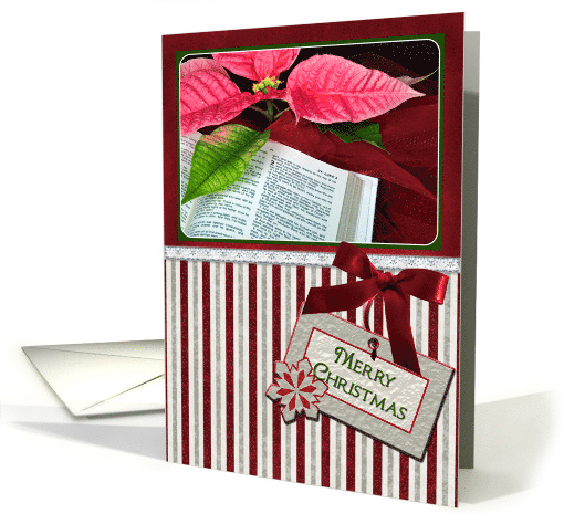 Merry Christmas poinsettia with Bible and striped border frame card