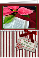 Merry Christmas poinsettia with Bible and striped border frame card