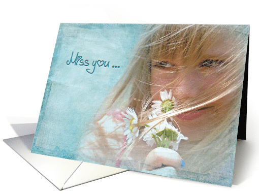 Miss You, young girl with daisy bouquet and textured overlay card