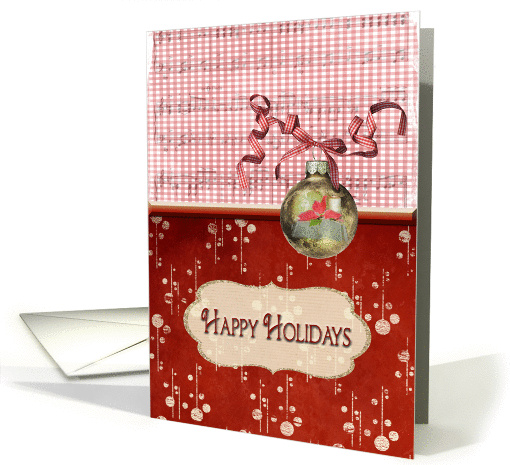 Happy Holidays greeting with ornament and gingham bow card (714258)