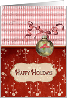Happy Holidays greeting with ornament and gingham bow card
