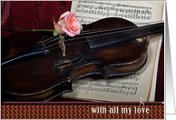 anniversary for spouse, pink rose on vintage violin with music card