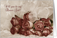 Flower Girl request-rose bouquet on lace card