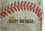 extreme close up of an old baseball for birthday card