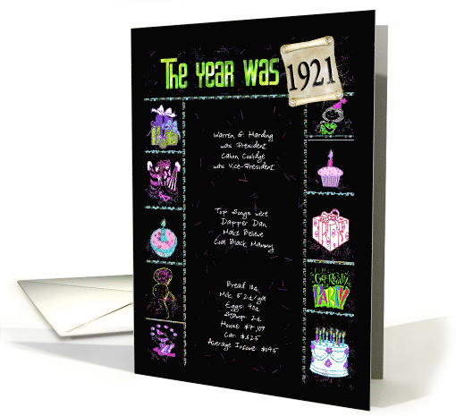 Birthday in 1921 fun trivia facts and party elements on black card