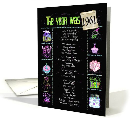 Birthday in 1961 fun trivia facts and party elements on black card