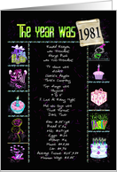 Birth year 1981 fun trivia with birthday party elements on black card