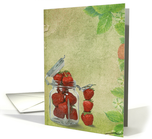 strawberries in glass jar with green texture overlay card (743463)