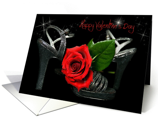 Valentine red rose with silver high heels on black. card (747049)
