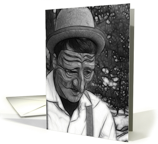 belated birthday-sad man with derby hat in fractal effect card