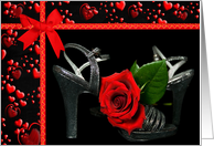 Valentine’s Day- red rose on silver shoes card