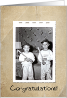 75th birthday, young boys with baseball bats in old snapshot frame card