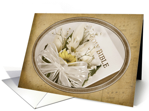 Wedding-daisy bouquet on a Holy Bible with gold frame card (766690)