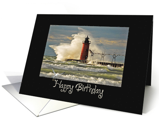 Birthday Michigan lighthouse on a pier with huge wave card (771270)