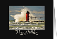 Birthday Michigan lighthouse on a pier with huge wave card