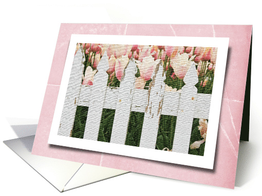 Thank You For Friend, Pink Tulips In Garden With Picket Fence card