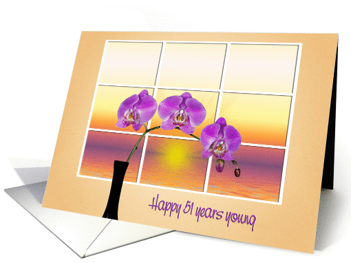51st Birthday-pink orchids in black vase with sunrise window card