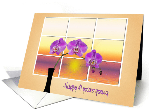 41st Birthday-pink orchids in black vase with sunrise in window card