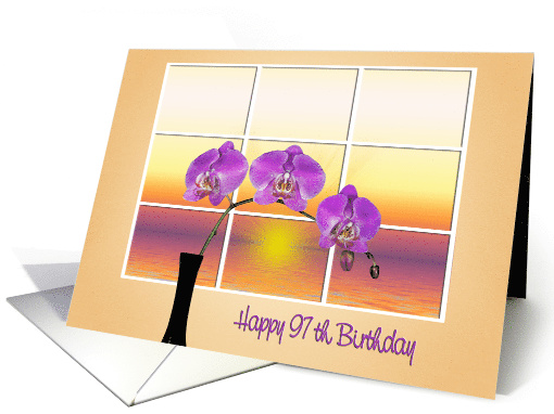 97th birthday, pink orchid in black vase and window background card