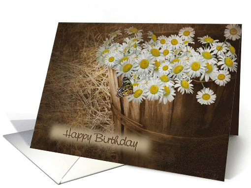 Birthday daisy bouquet in wooden bushel basket with butterfly card