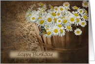 Birthday daisy bouquet in wooden bushel basket with butterfly card