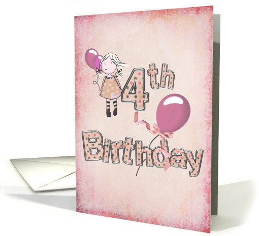 4th birthday girl with pink balloons and polka dot text card (778215)