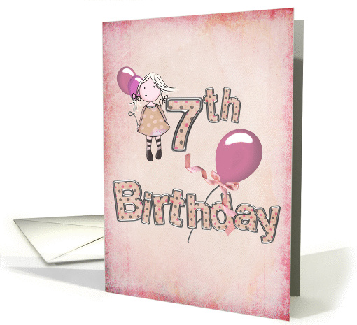 7th birthday-girl with pink balloons card (778223)