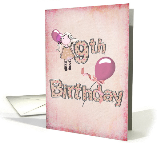9th Birthday for girl with pink balloons and bow card (778228)