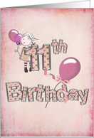 11th birthday for girl with pink balloons and polka dots card