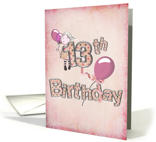 13th Birthday for Girl with pink ballons and polka dots card (778233)
