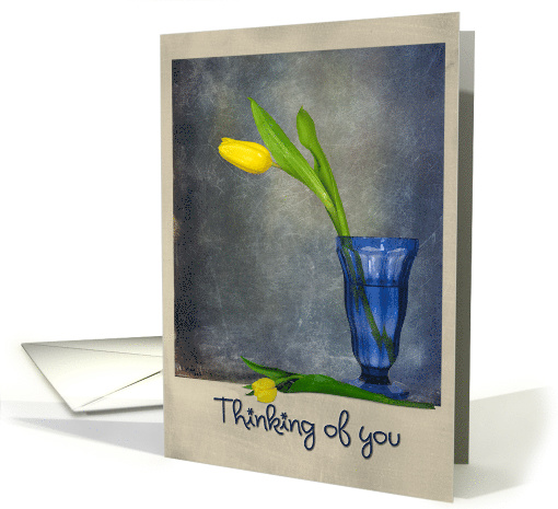 Thinking of You yellow tulip in a blue glass with textured... (778889)