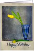 Birthday yellow tulip in blue sundae glass card