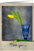 miss you,-yellow tulip in blue sundae glass card