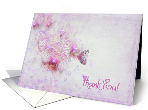 Thank You, pink orchid blossoms and bubbles with butterfly card