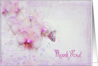 Thank You, pink orchid blossoms and bubbles with butterfly card