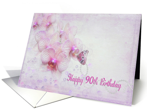 90th birthday butterfly on pink orchid blossom with pearls card