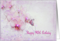 90th birthday butterfly on pink orchid blossom with pearls card