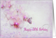 50th birthday, butterfly on orchid blossoms with pearls on pink card