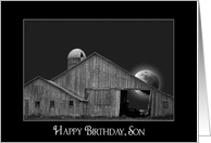 Son’s birthday, old barn and silo with full moon in black frame card