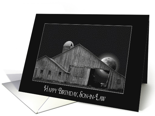 old barn with full moon in black frame for son in law birthday card