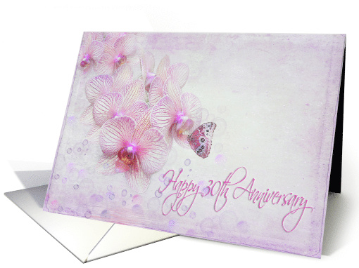 30th anniversary butterfly on pink orchid blossom with bubbles card