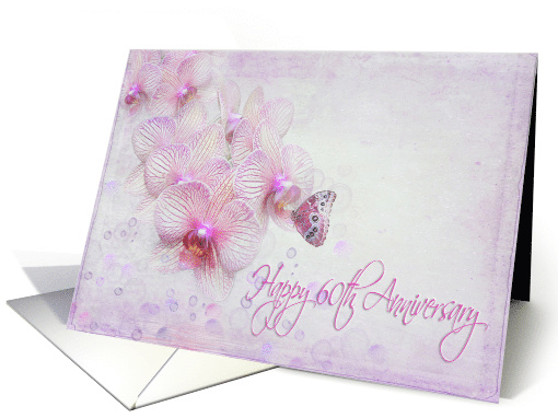 60th Anniversary butterfly on pink orchid with purple bubbles card