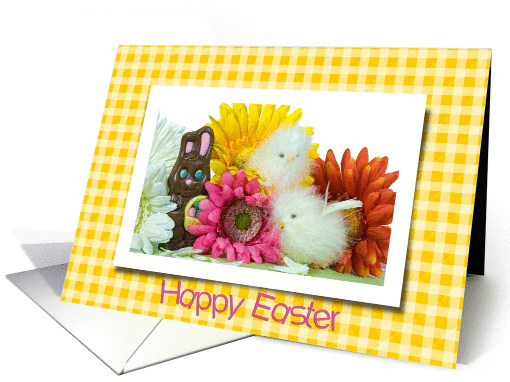 Easter chicks and chocolate bunny with colorful daisies card (787272)