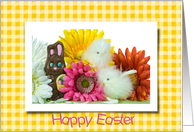 Easter chicks and chocolate bunny with colorful daisies card