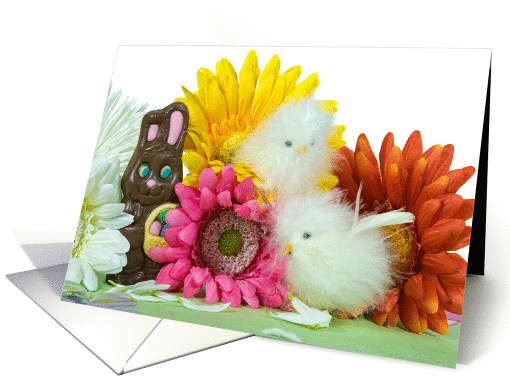 Chocolate Easter bunny with baby chicks and daises card (787274)