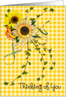 Thinking of You, sunflower bouquet and lady bugs on yellow gingham card