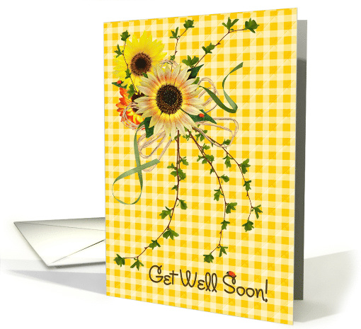 Get Well Soon sunflower bouquet with lady bugs on yellow gingham card