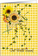 Get Well Soon sunflower bouquet with lady bugs on yellow gingham card