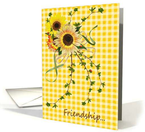 friendship sunflower bouquet on yellow and white gingham card (791486)